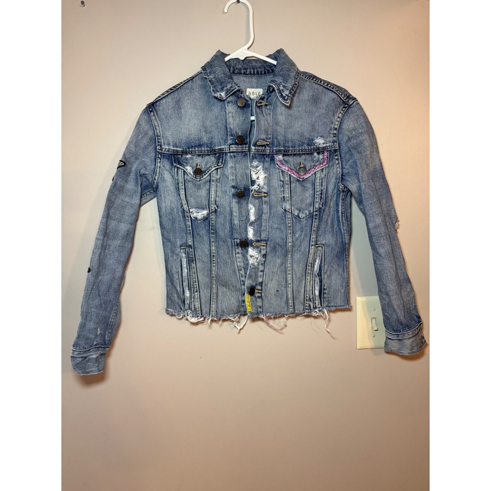 ABLE Distressed Denim Jacket XS Light Wash Star Patch Frayed Hem Pink Stitching